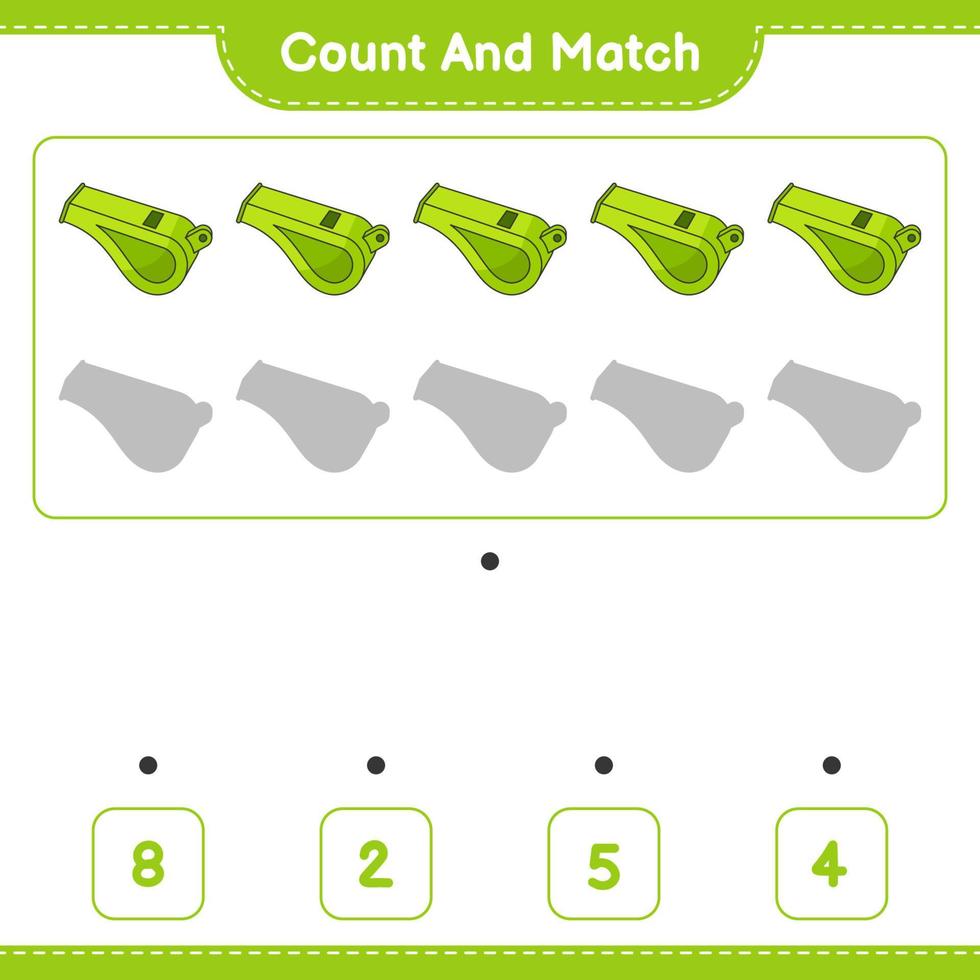 Count and match, count the number of Whistle and match with the right numbers. Educational children game, printable worksheet, vector illustration