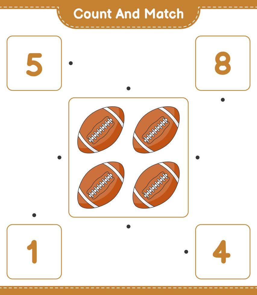 Count and match, count the number of Rugby Ball and match with the right numbers. Educational children game, printable worksheet, vector illustration