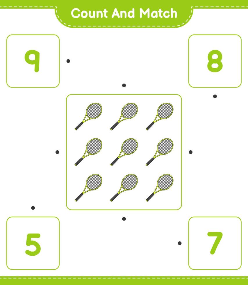 Count and match, count the number of Tennis Racket and match with the right numbers. Educational children game, printable worksheet, vector illustration