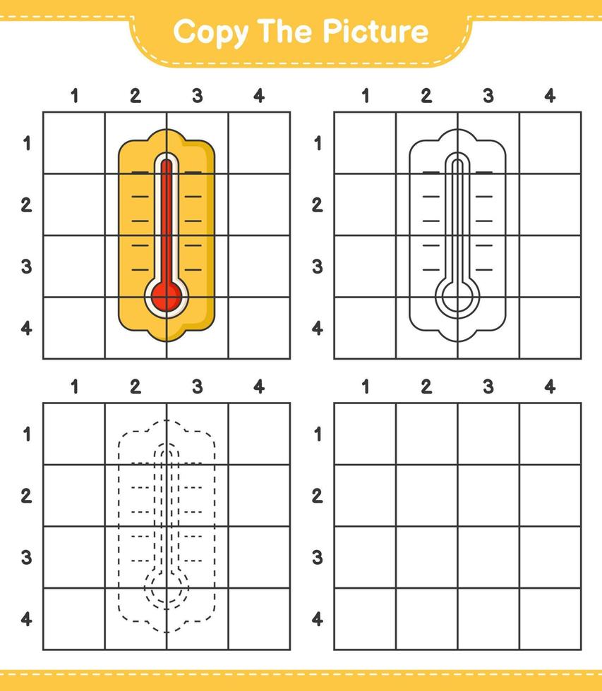 Copy the picture, copy the picture of Thermometer using grid lines. Educational children game, printable worksheet, vector illustration