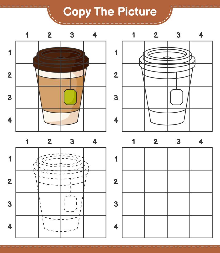 Copy the picture, copy the picture of Tea Cup using grid lines. Educational children game, printable worksheet, vector illustration