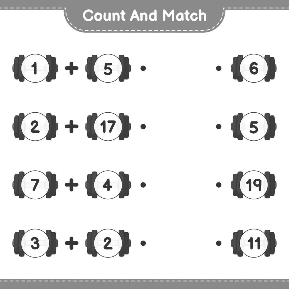 cuenta y empareja, cuenta el número de mancuernas y empareja con los números correctos. juego educativo para niños, hoja de cálculo imprimible, ilustración vectorial vector