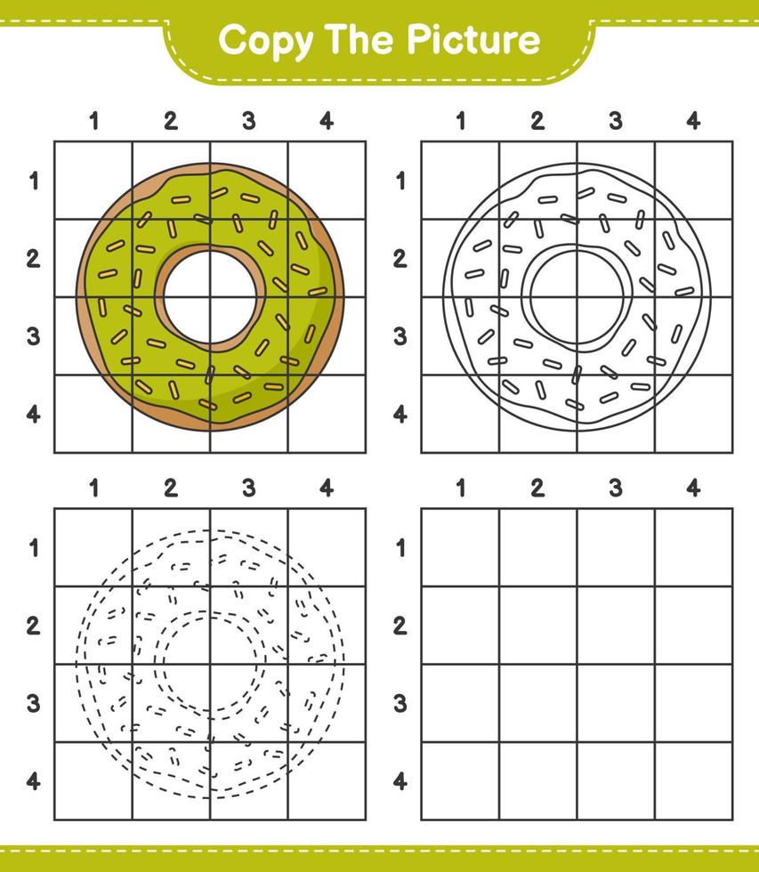 Copy the picture, copy the picture of Donut using grid lines. Educational children game, printable worksheet, vector illustration