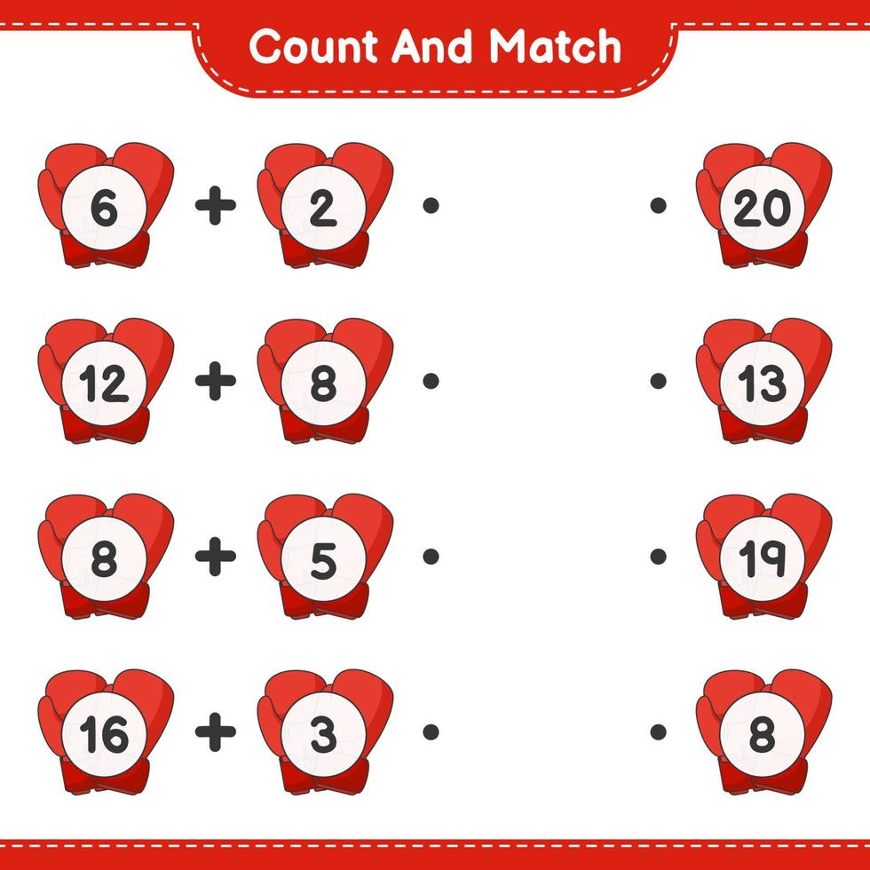 Count and match, count the number of Boxing Gloves and match with the right numbers. Educational children game, printable worksheet, vector illustration