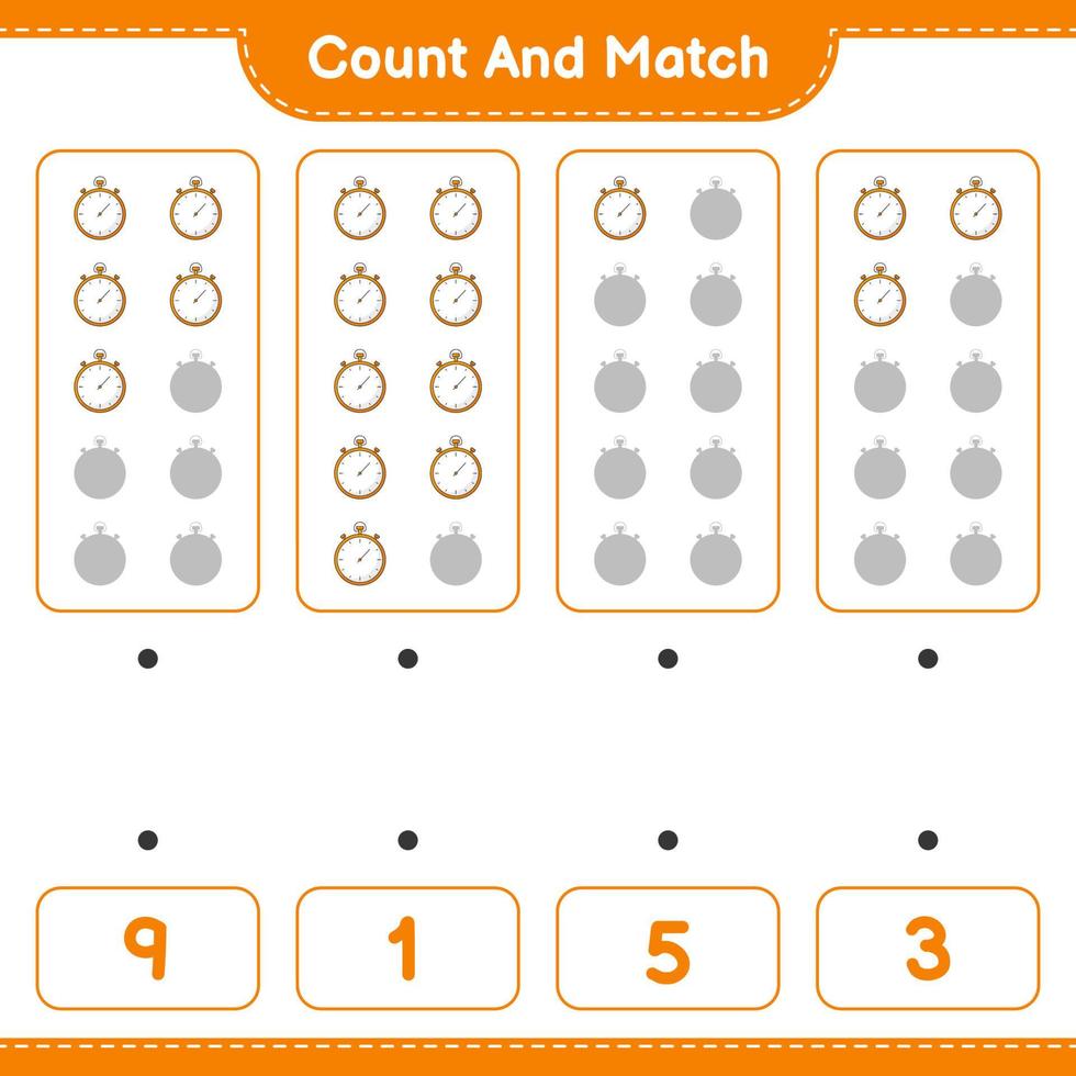 Count and match, count the number of Stopwatch and match with the right numbers. Educational children game, printable worksheet, vector illustration