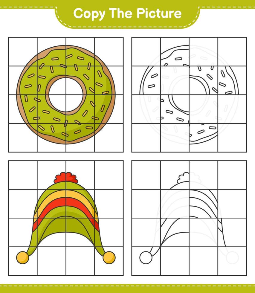 copie la imagen, copie la imagen de la rosquilla y el sombrero usando líneas de cuadrícula. juego educativo para niños, hoja de cálculo imprimible, ilustración vectorial vector