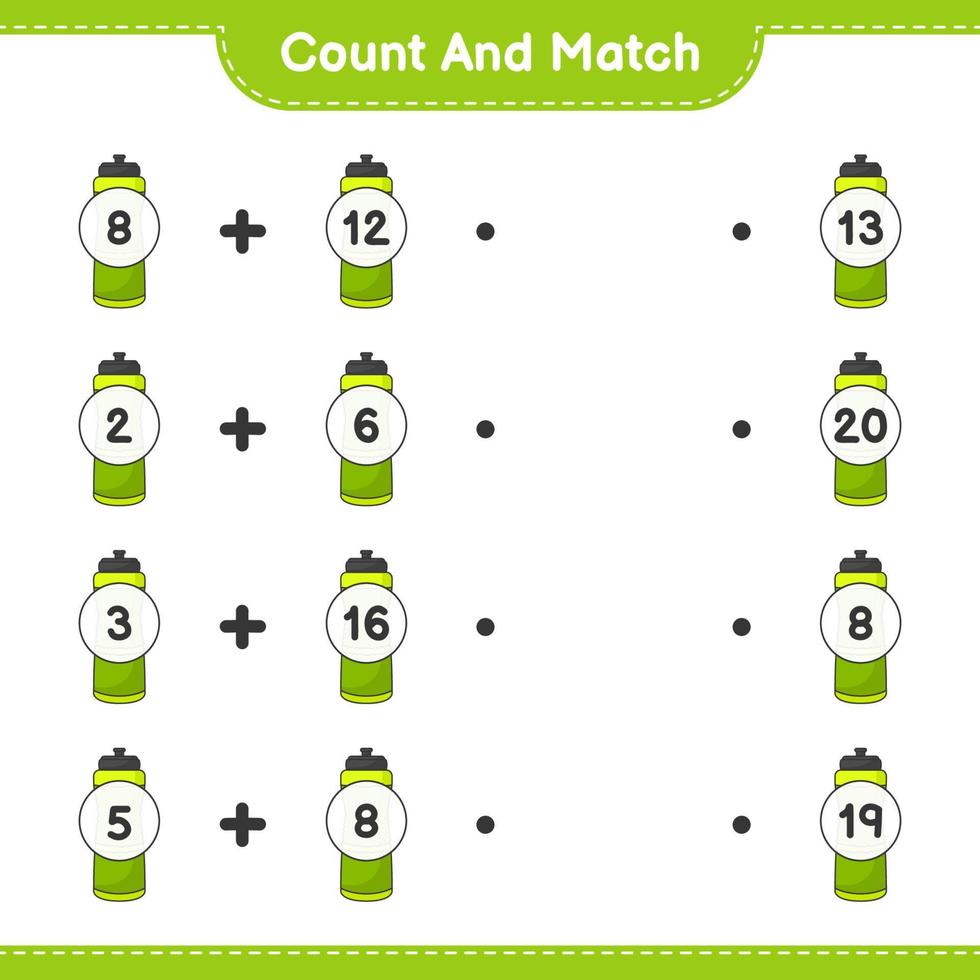 Count and match, count the number of Sport Water Bottle and match with the right numbers. Educational children game, printable worksheet, vector illustration