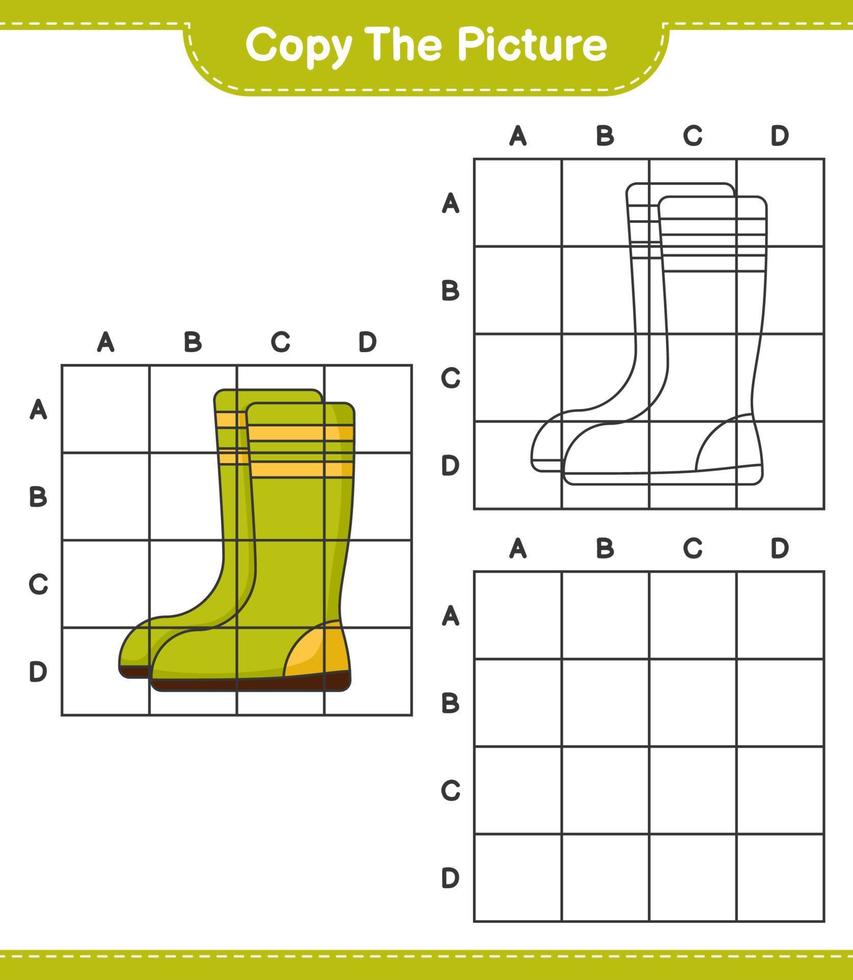 Copy the picture, copy the picture of Rubber Boots using grid lines. Educational children game, printable worksheet, vector illustration