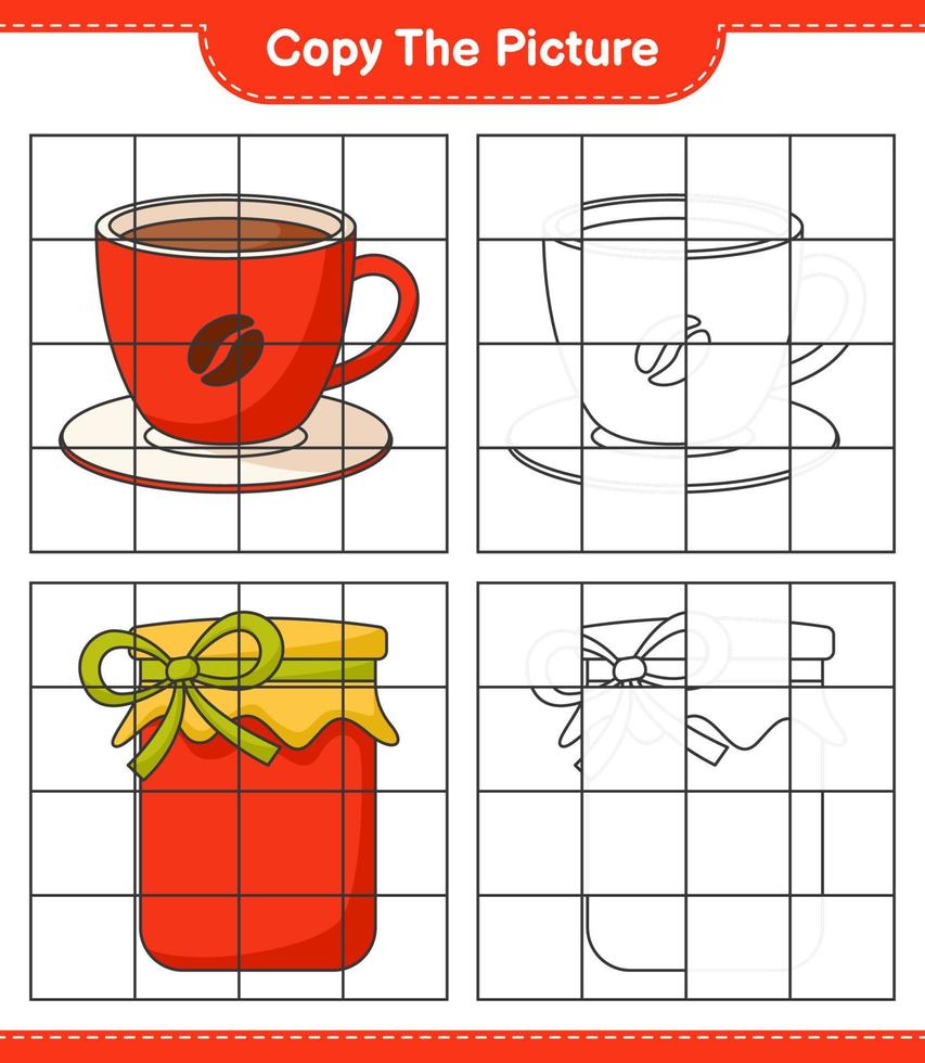 Copy the picture, copy the picture of Jam and Coffee Cup using grid lines. Educational children game, printable worksheet, vector illustration