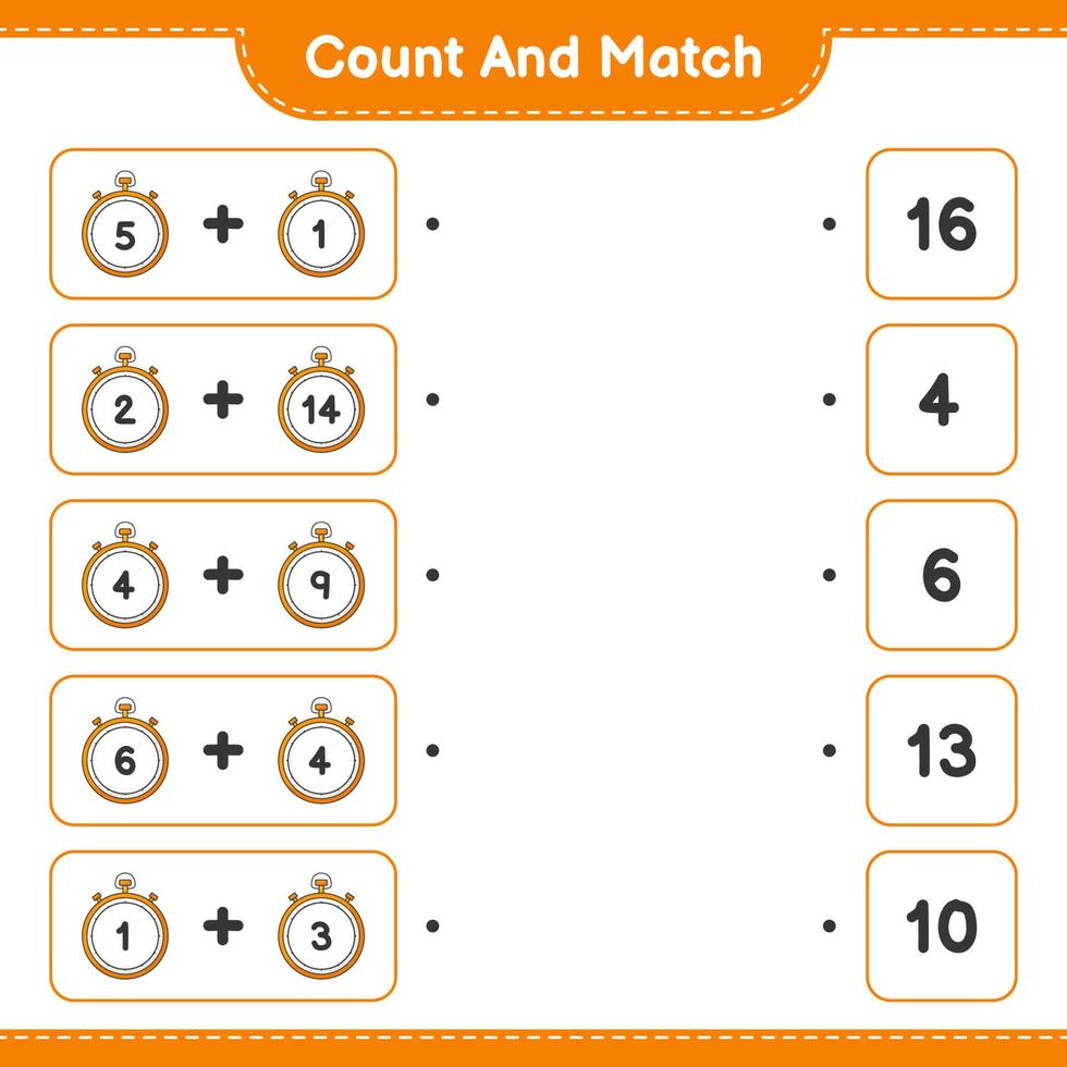 Count and match, count the number of Stopwatch and match with the right numbers. Educational children game, printable worksheet, vector illustration