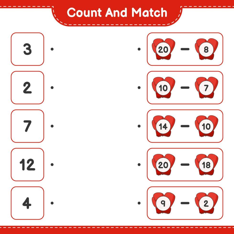 Count and match, count the number of Boxing Gloves and match with the right numbers. Educational children game, printable worksheet, vector illustration