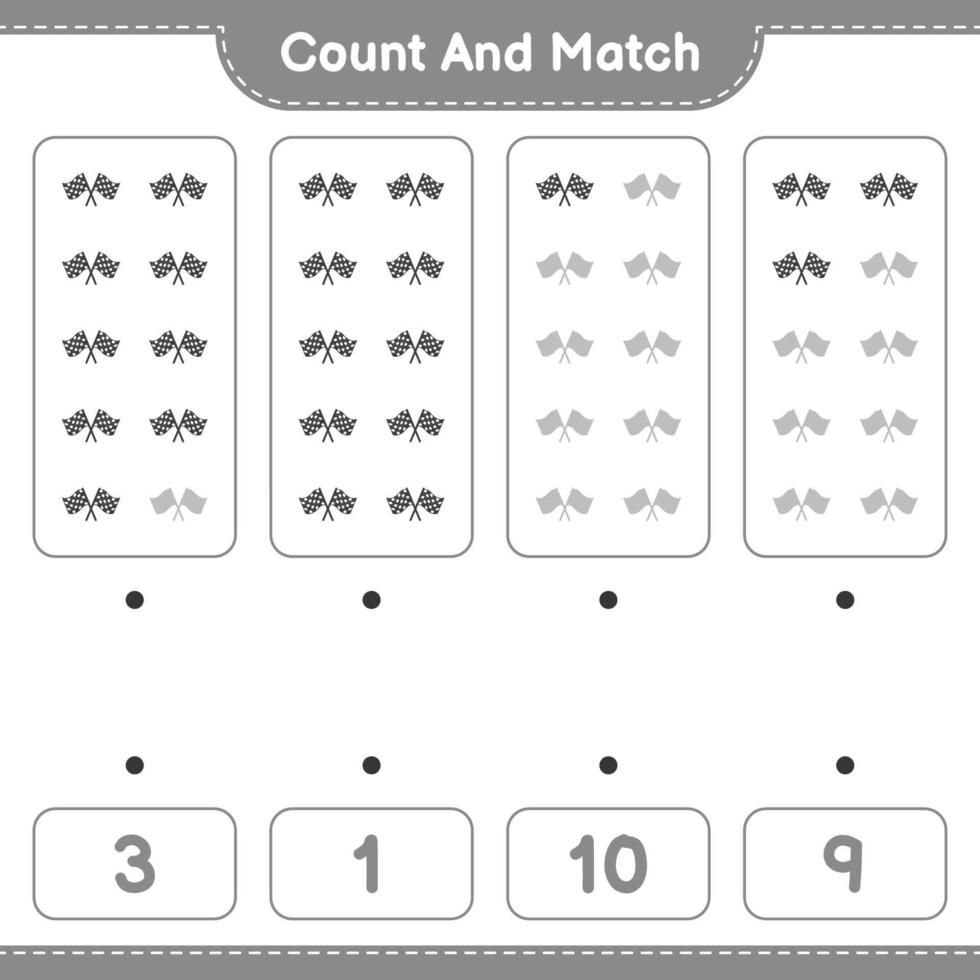 Count and match, count the number of Racing Flags and match with the right numbers. Educational children game, printable worksheet, vector illustration