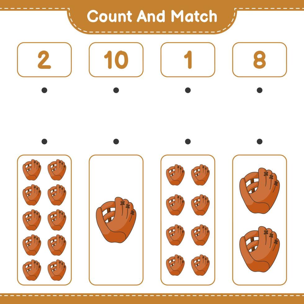 Count and match, count the number of Baseball Glove and match with the right numbers. Educational children game, printable worksheet, vector illustration