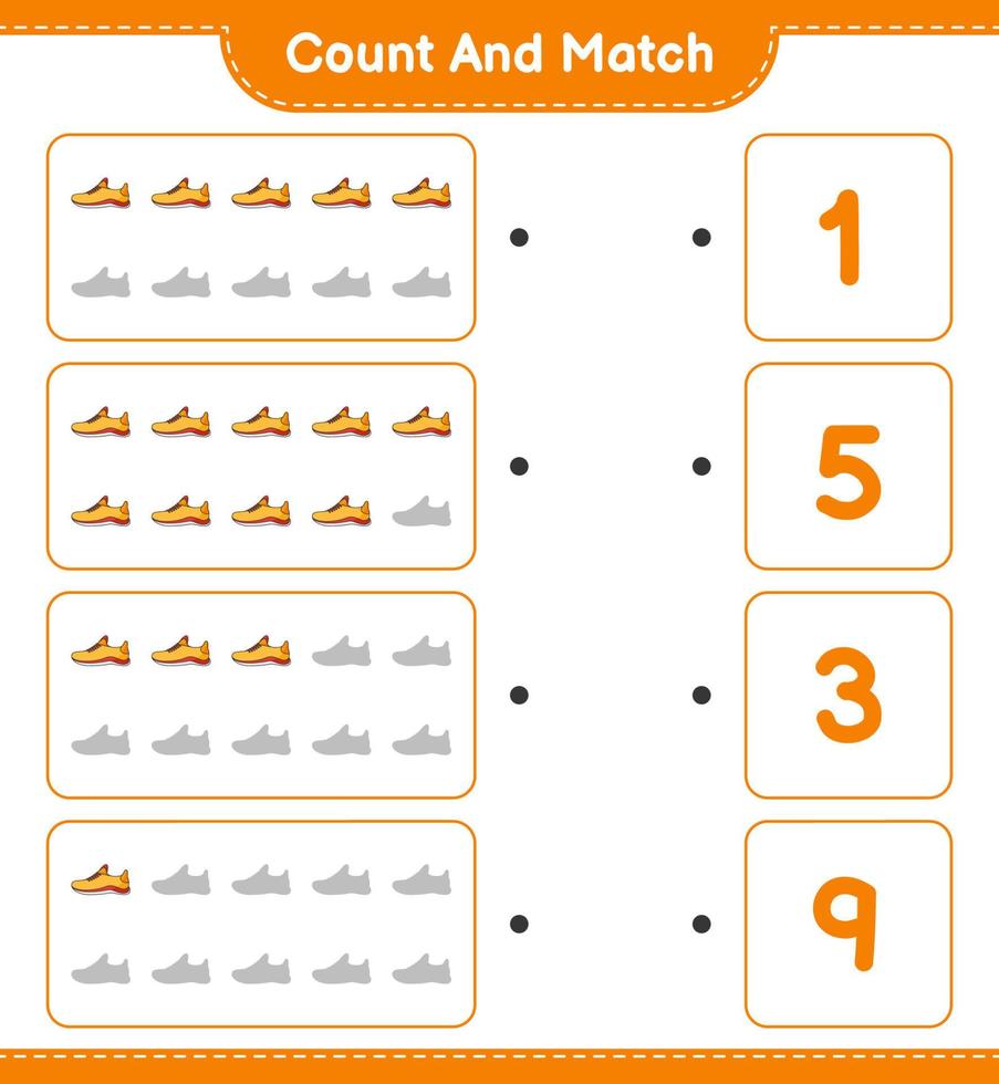 Count and match, count the number of Running Shoes and match with the right numbers. Educational children game, printable worksheet, vector illustration
