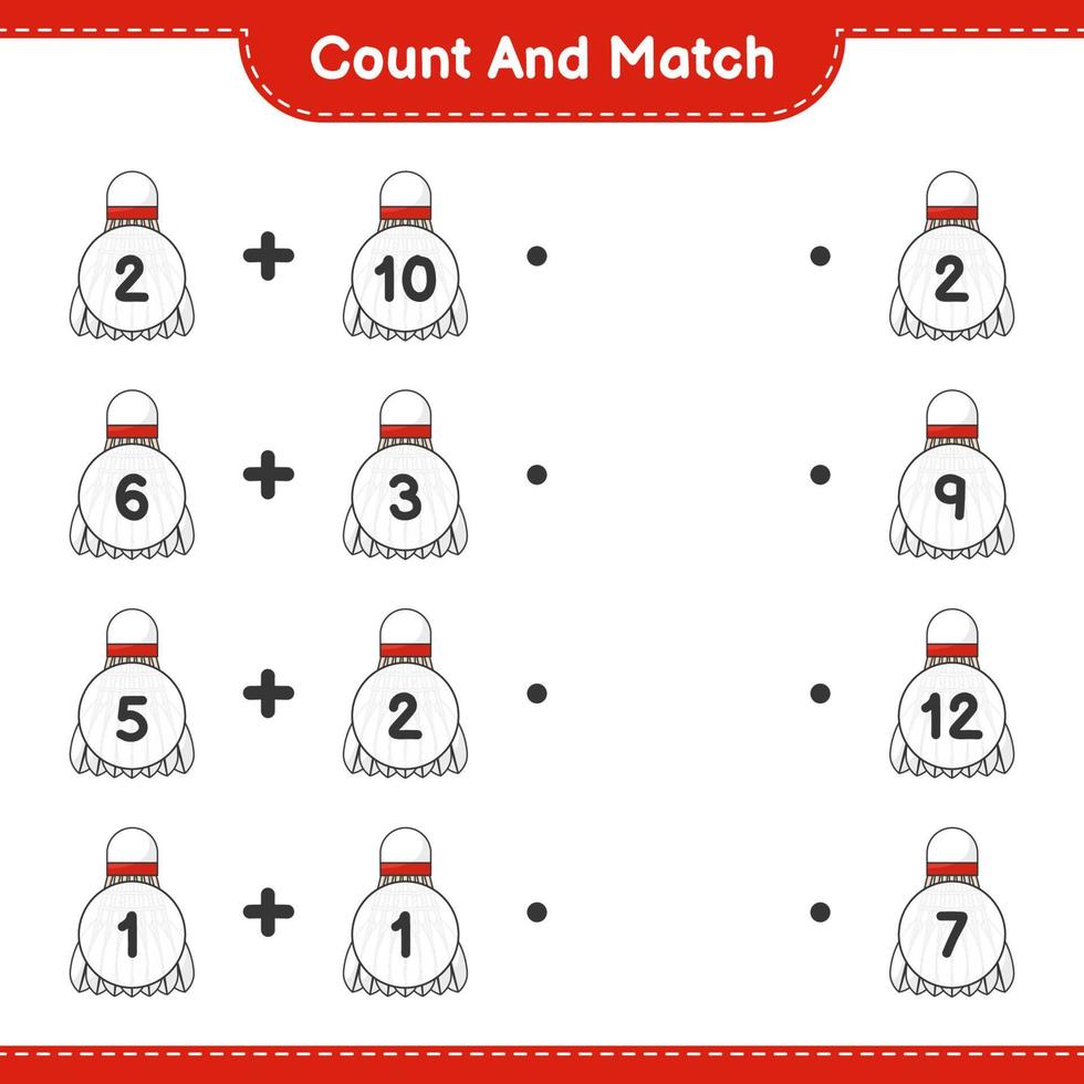 Count and match, count the number of Shuttlecock and match with the right numbers. Educational children game, printable worksheet, vector illustration