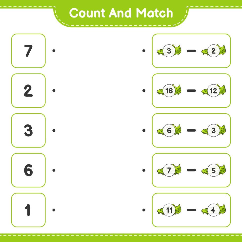 cuenta y empareja, cuenta el número de zapatos de fútbol y empareja con los números correctos. juego educativo para niños, hoja de cálculo imprimible, ilustración vectorial vector