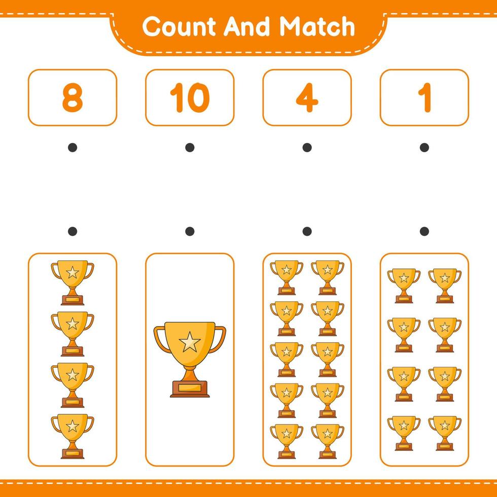 Count and match, count the number of Trophy and match with the right numbers. Educational children game, printable worksheet, vector illustration