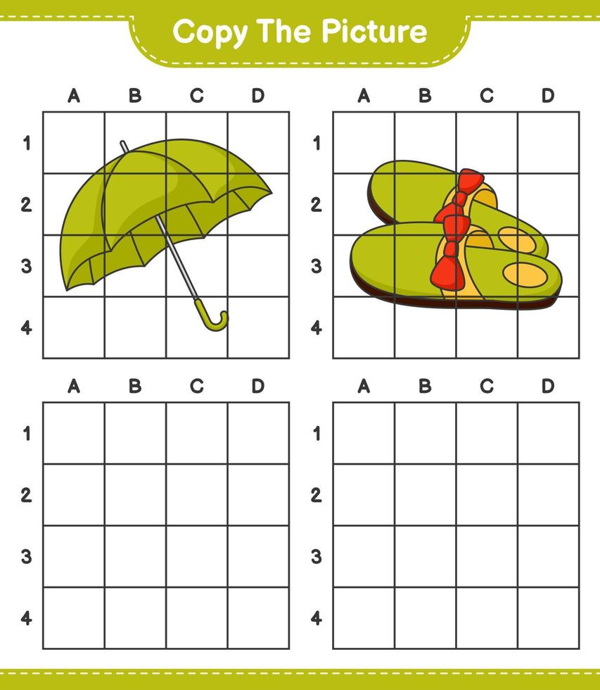 Copy the picture, copy the picture of Slippers and Umbrella using grid lines. Educational children game, printable worksheet, vector illustration