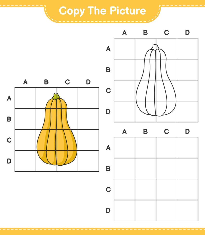 Copy the picture, copy the picture of Butternut Squash using grid lines. Educational children game, printable worksheet, vector illustration