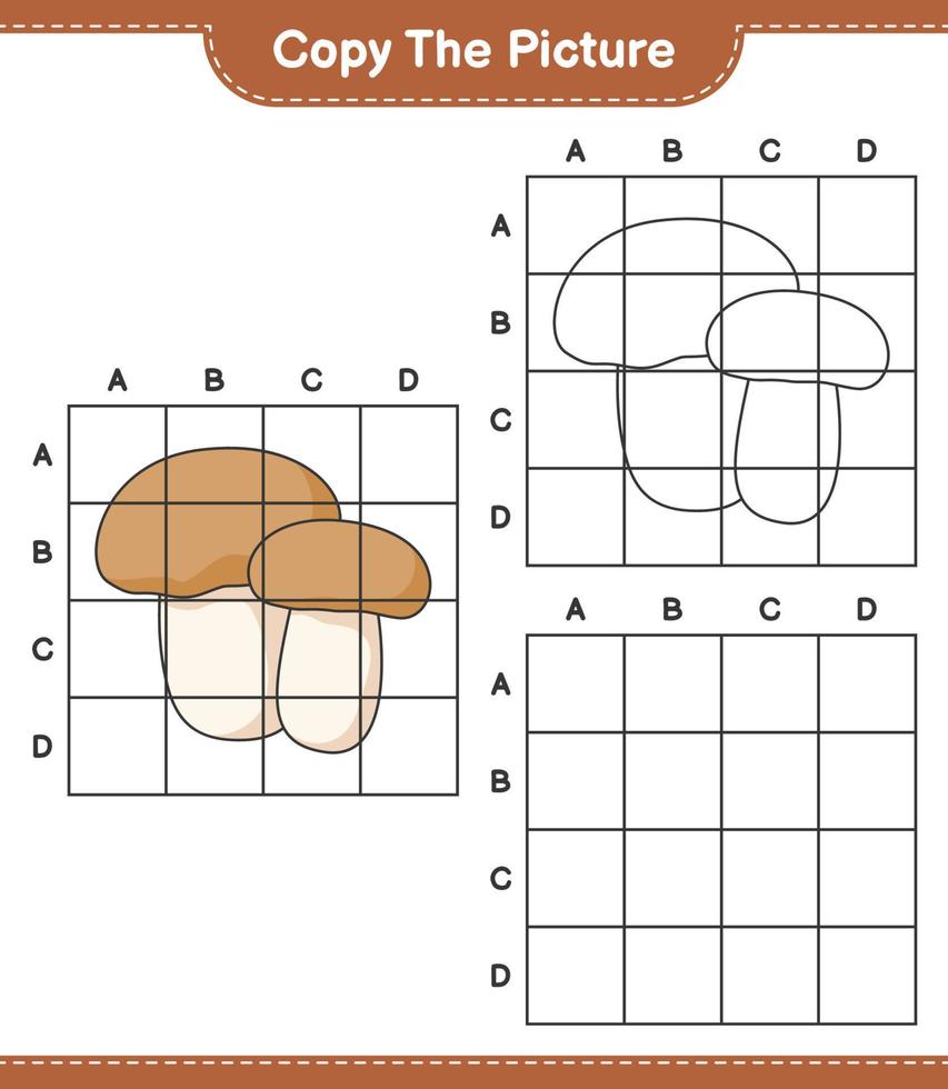Copy the picture, copy the picture of Mushroom Boletus using grid lines. Educational children game, printable worksheet, vector illustration