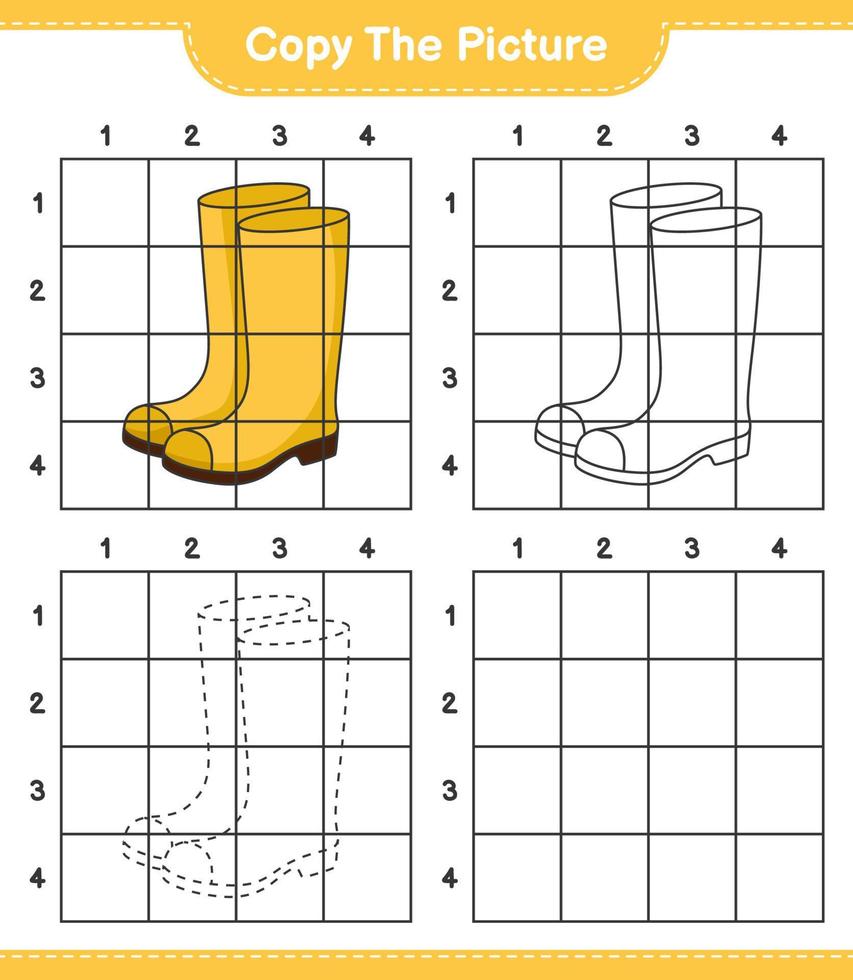 Copy the picture, copy the picture of Rubber Boots using grid lines. Educational children game, printable worksheet, vector illustration