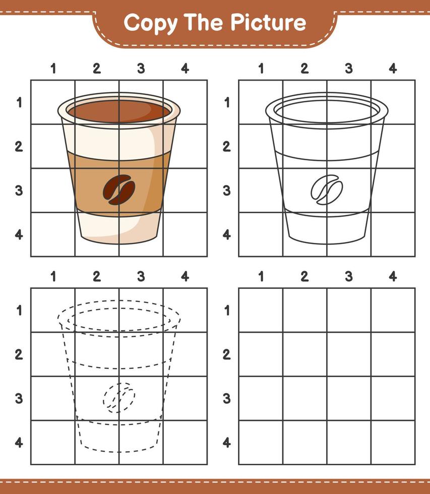 Copy the picture, copy the picture of Coffee Cup using grid lines. Educational children game, printable worksheet, vector illustration
