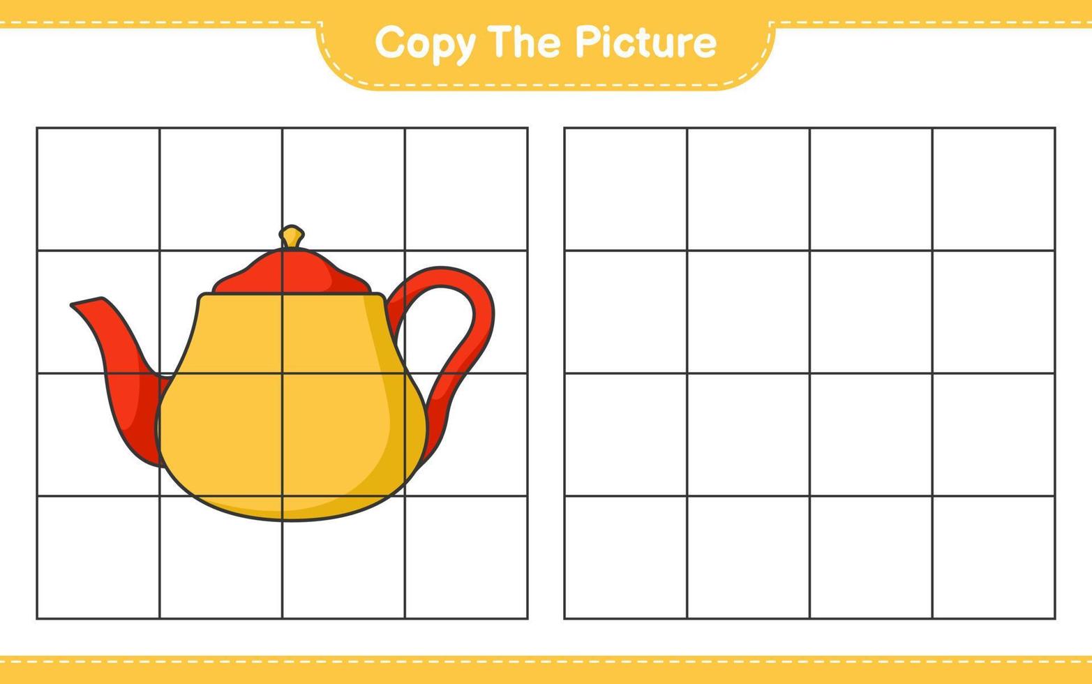 Copy the picture, copy the picture of Teapot using grid lines. Educational children game, printable worksheet, vector illustration