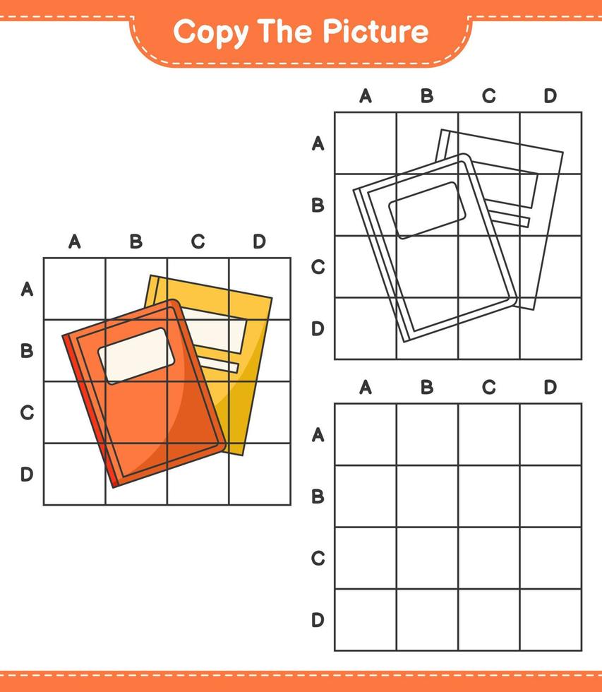 Copy the picture, copy the picture of Book using grid lines. Educational children game, printable worksheet, vector illustration