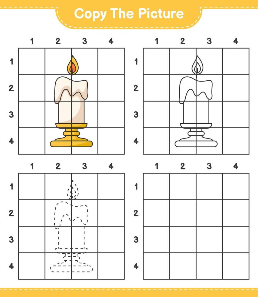 Copy the picture, copy the picture of Candle using grid lines. Educational children game, printable worksheet, vector illustration