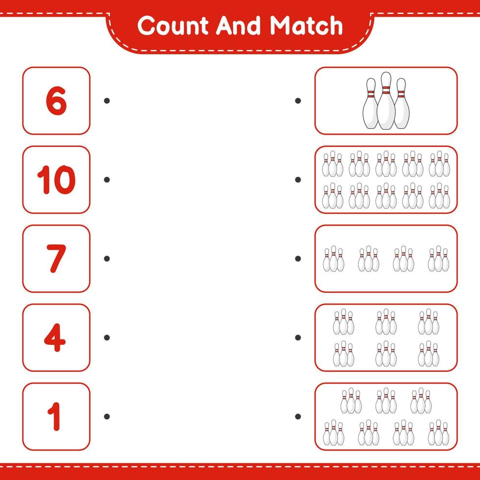 Count and match, count the number of Bowling Pin and match with the right numbers. Educational children game, printable worksheet, vector illustration