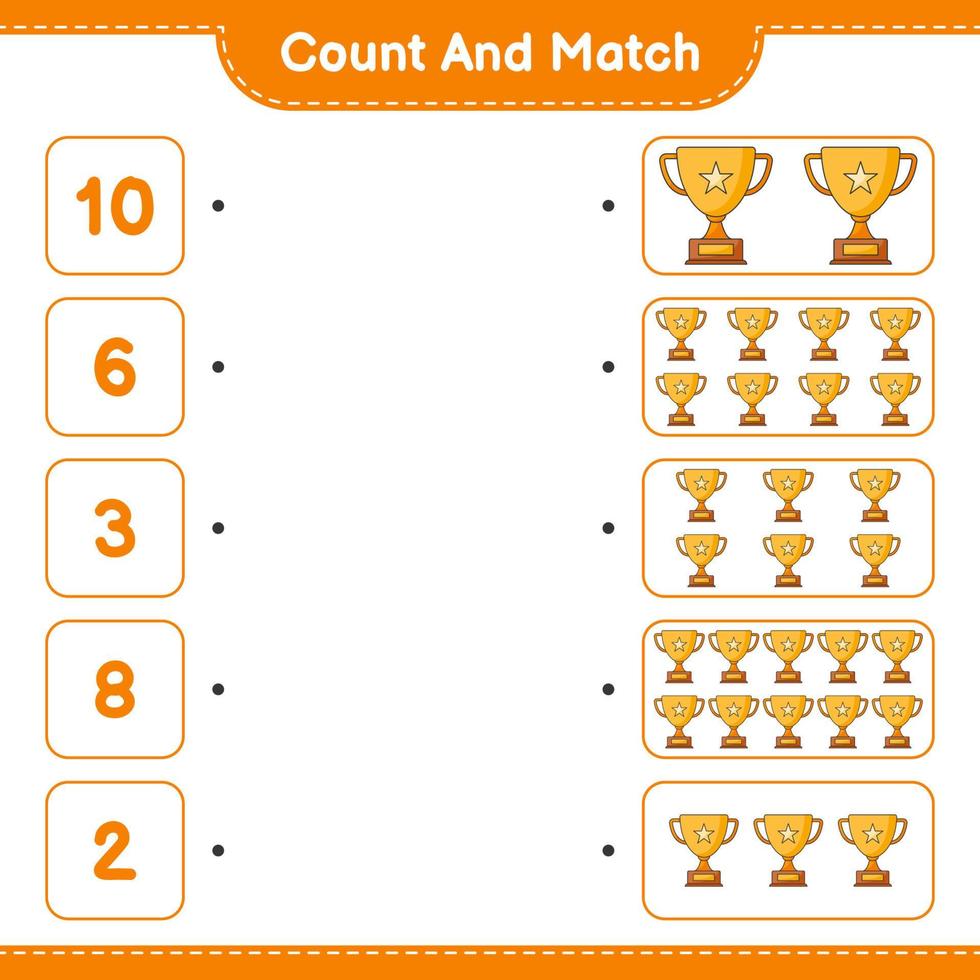 Count and match, count the number of Trophy and match with the right numbers. Educational children game, printable worksheet, vector illustration