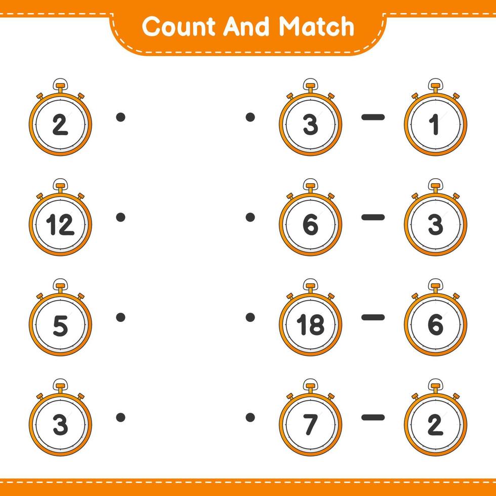 Count and match, count the number of Stopwatch and match with the right numbers. Educational children game, printable worksheet, vector illustration