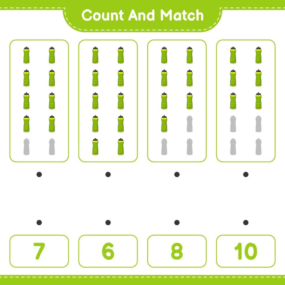 Count and match, count the number of Sport Water Bottle and match with the right numbers. Educational children game, printable worksheet, vector illustration