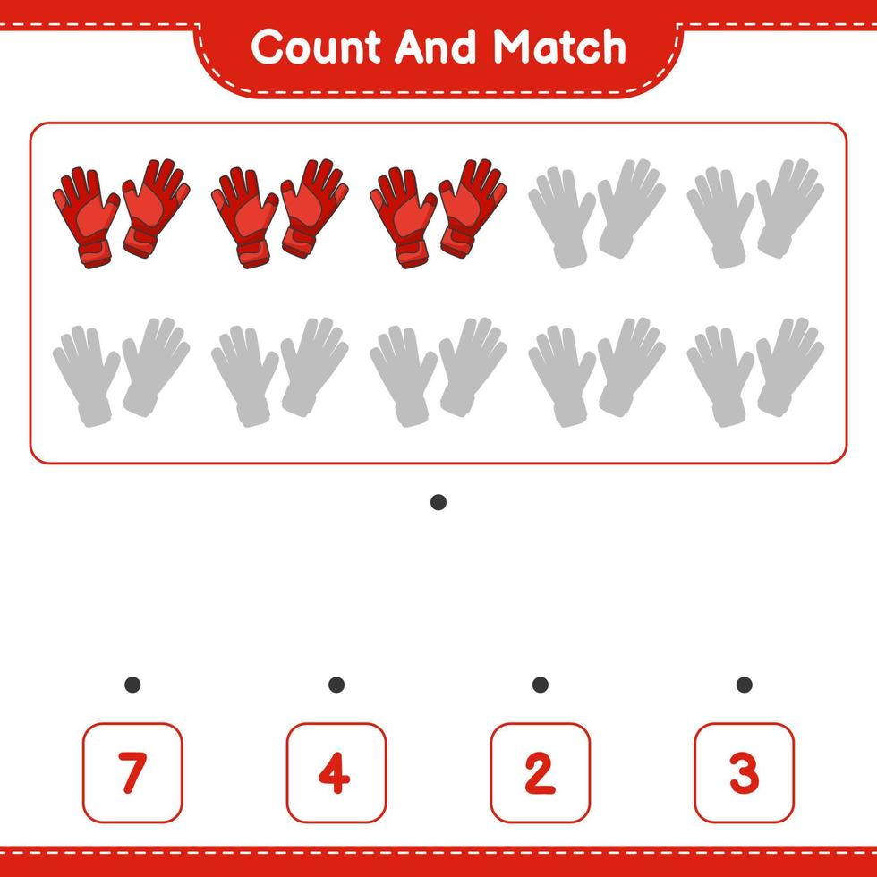 Count and match, count the number of Goalkeeper Gloves and match with the right numbers. Educational children game, printable worksheet, vector illustration