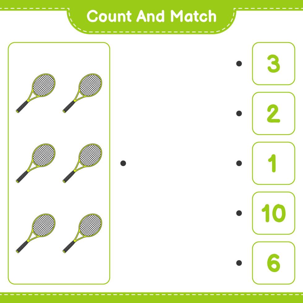 Count and match, count the number of Tennis Racket and match with the right numbers. Educational children game, printable worksheet, vector illustration