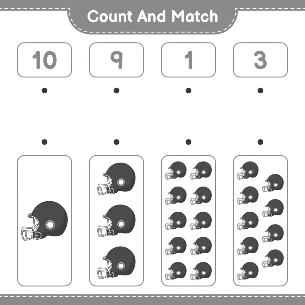 Count and match, count the number of Football Helmet and match with the right numbers. Educational children game, printable worksheet, vector illustration