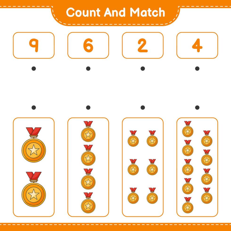 Count and match, count the number of Trophy and match with the right numbers. Educational children game, printable worksheet, vector illustration