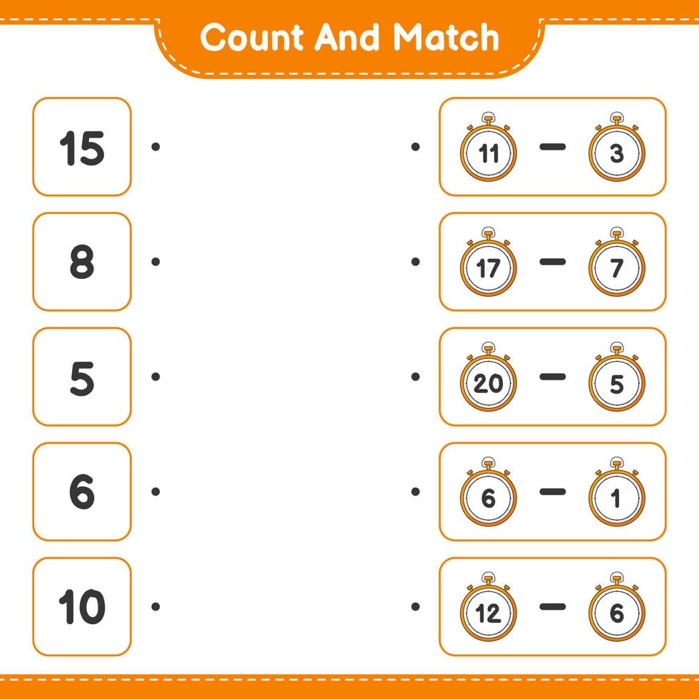Count and match, count the number of Stopwatch and match with the right numbers. Educational children game, printable worksheet, vector illustration