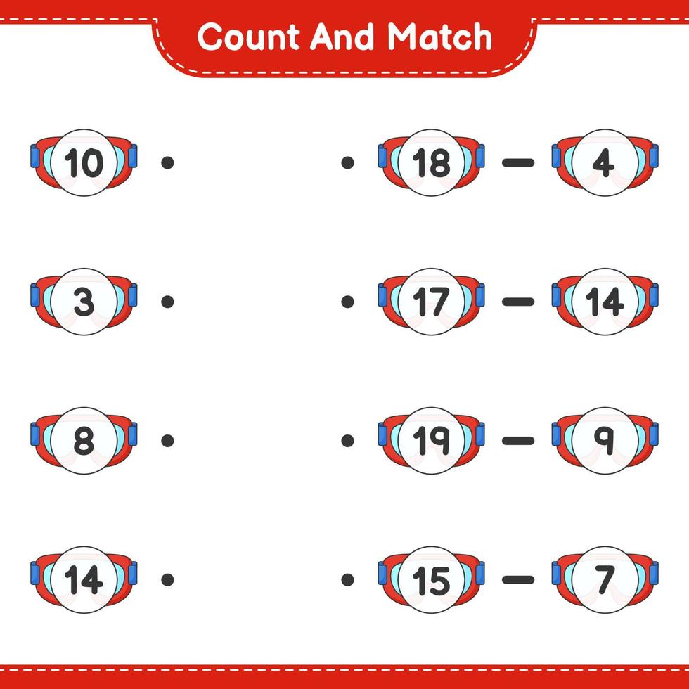cuente y haga coincidir, cuente el número de anteojos y haga coincidir con los números correctos. juego educativo para niños, hoja de cálculo imprimible, ilustración vectorial vector