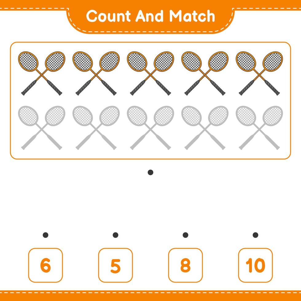 Count and match, count the number of Badminton Rackets and match with the right numbers. Educational children game, printable worksheet, vector illustration