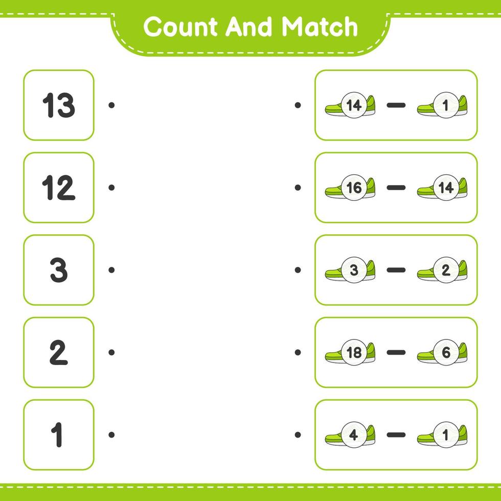 Count and match, count the number of Sneaker and match with the right numbers. Educational children game, printable worksheet, vector illustration