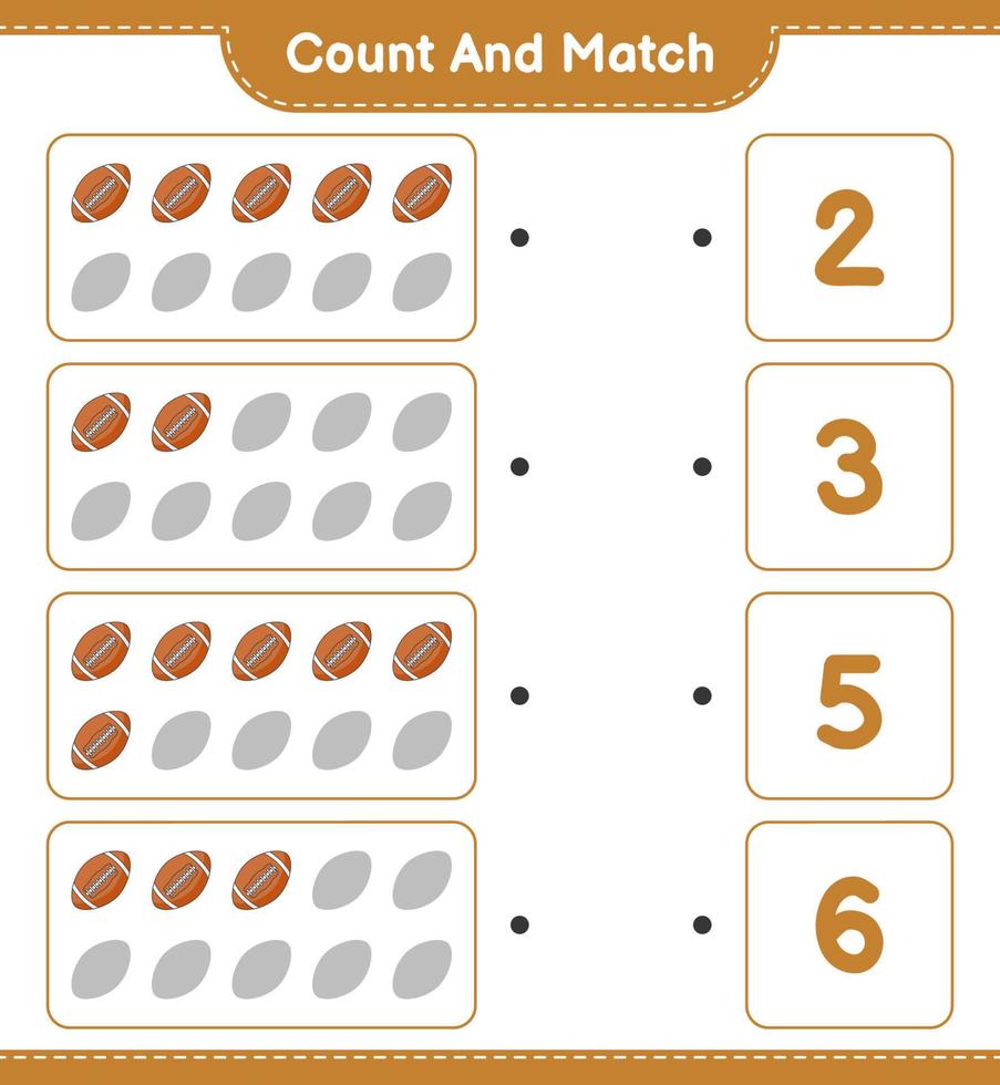 Count and match, count the number of Rugby Ball and match with the right numbers. Educational children game, printable worksheet, vector illustration