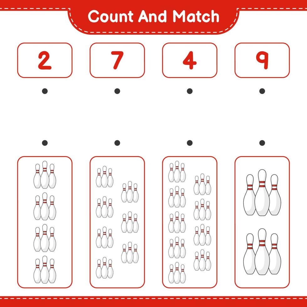 Count and match, count the number of Bowling Pin and match with the right numbers. Educational children game, printable worksheet, vector illustration