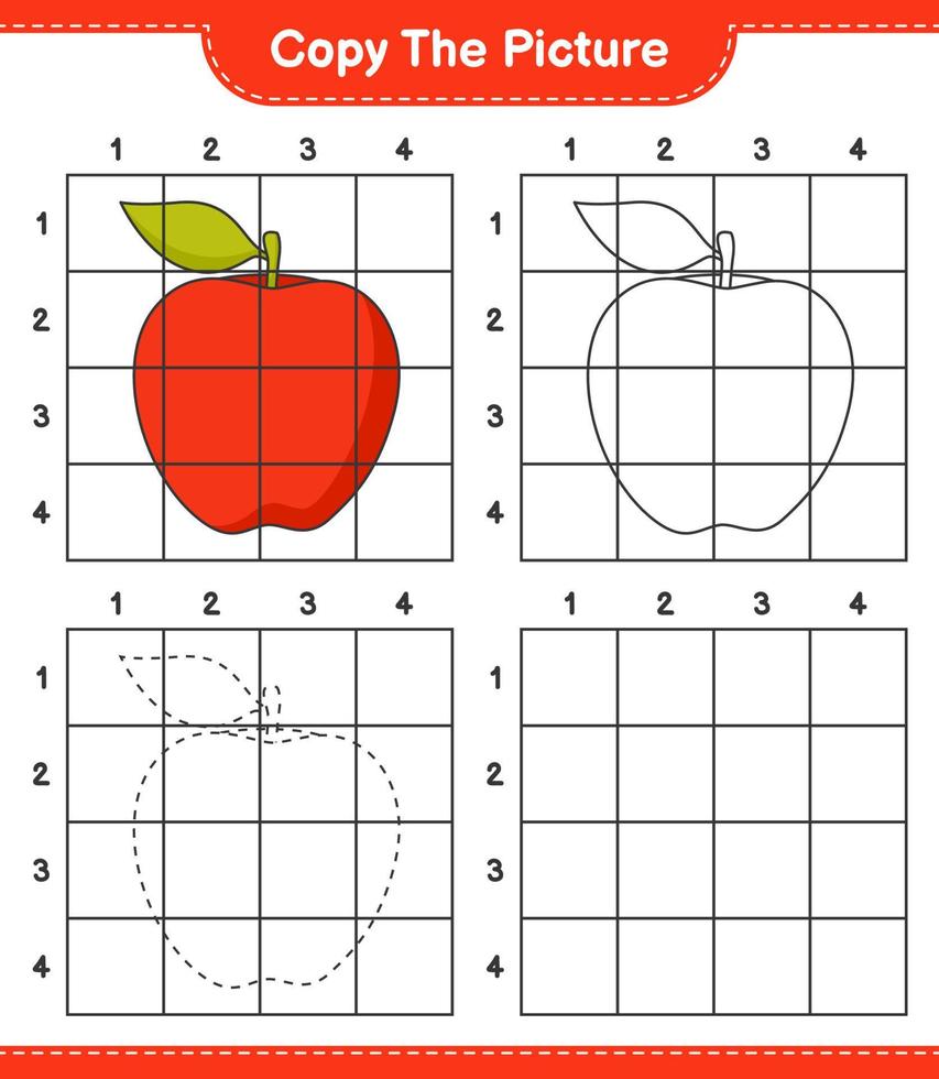 Copy the picture, copy the picture of Apple using grid lines. Educational children game, printable worksheet, vector illustration