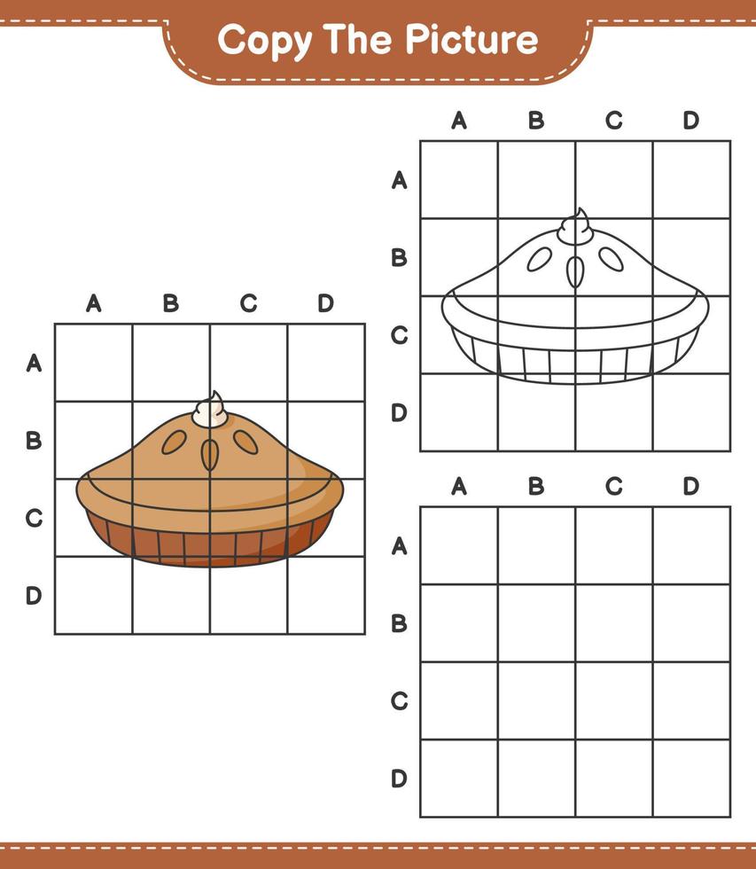 Copy the picture, copy the picture of Pie using grid lines. Educational children game, printable worksheet, vector illustration