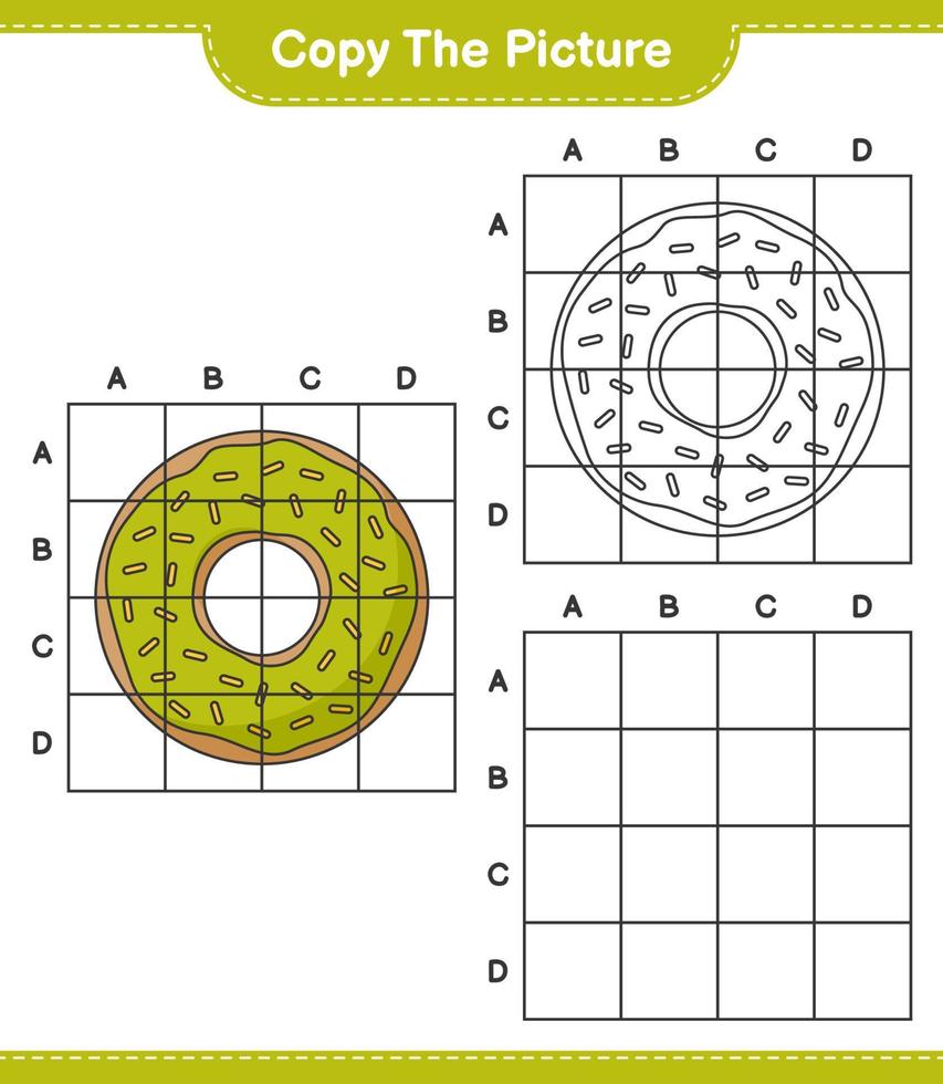 Copy the picture, copy the picture of Donut using grid lines. Educational children game, printable worksheet, vector illustration