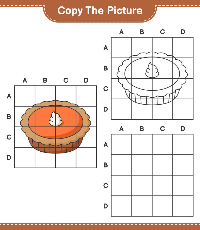 Copy the picture, copy the picture of Pie using grid lines. Educational children game, printable worksheet, vector illustration