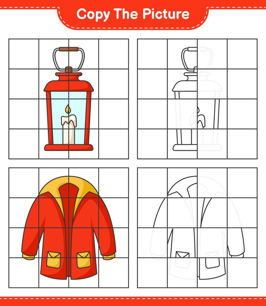 copie la imagen, copie la imagen de la linterna y la ropa abrigada usando líneas de cuadrícula. juego educativo para niños, hoja de cálculo imprimible, ilustración vectorial vector