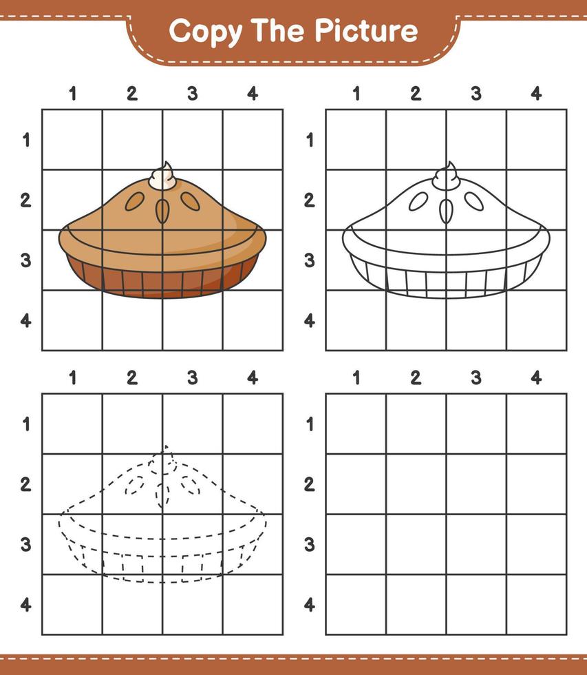 Copy the picture, copy the picture of Pie using grid lines. Educational children game, printable worksheet, vector illustration