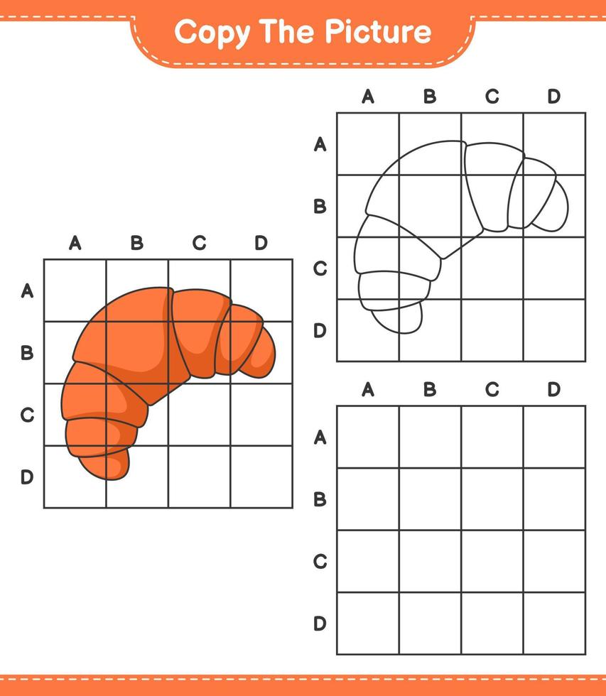 Copy the picture, copy the picture of Croissant using grid lines. Educational children game, printable worksheet, vector illustration